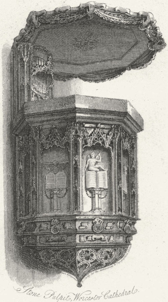 WORCS. Stone Pulpit, Worcester Cathedral 1807 old antique print picture